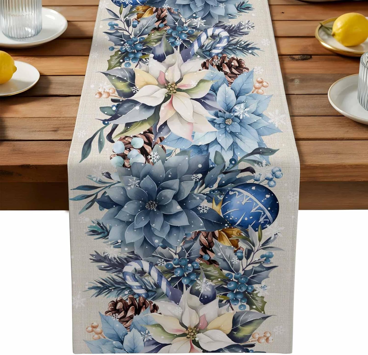 Linen Table Runner - Christmas Blue Poinsettia Ball Berry Linen