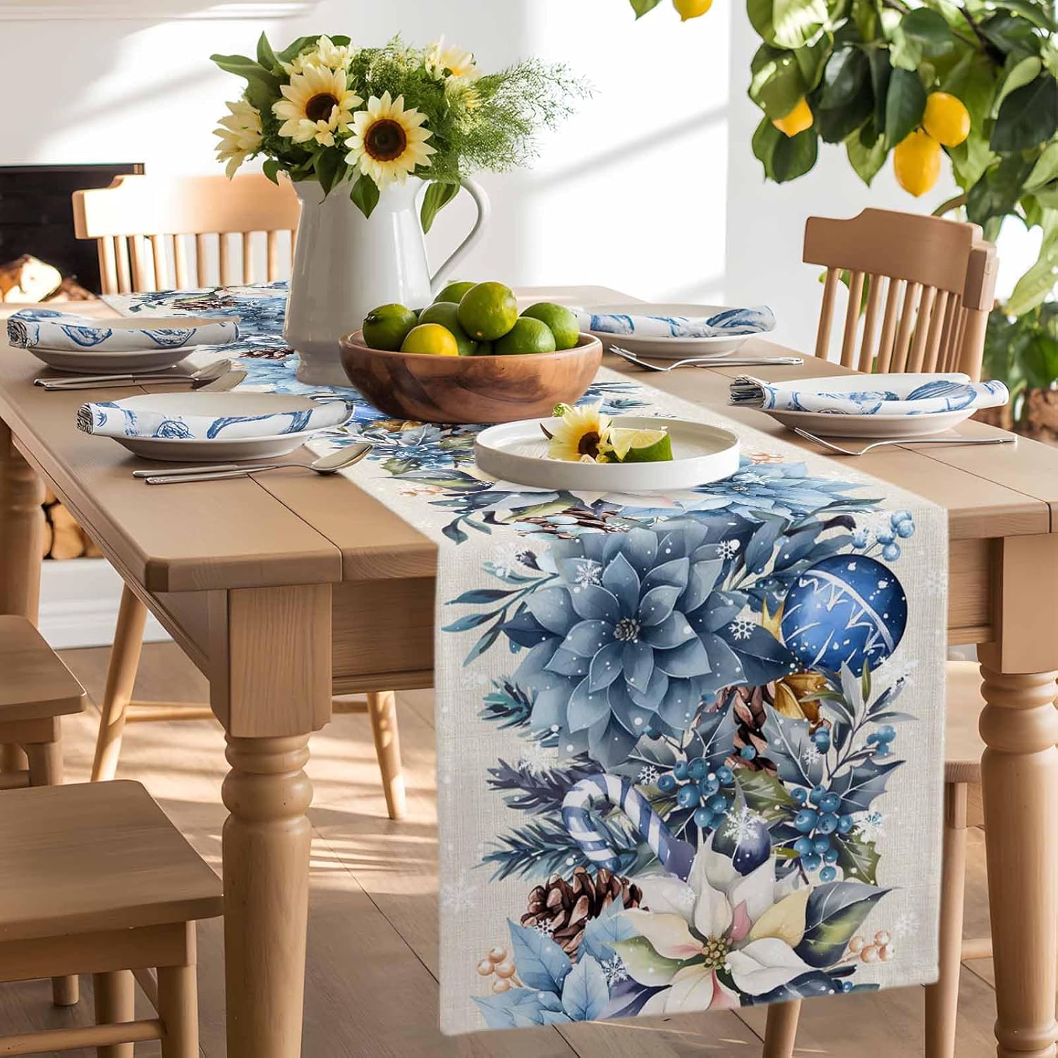 Christmas Blue Poinsettia Ball - đánh giá và giá Linen Table Runner
