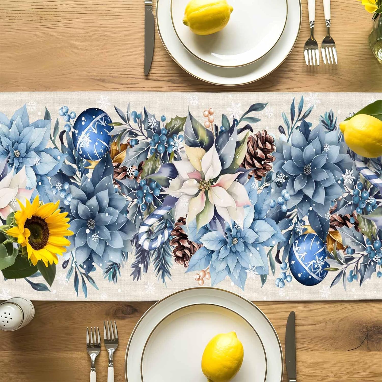 Christmas Blue Poinsettia Ball - đánh giá và giá Linen Table Runner